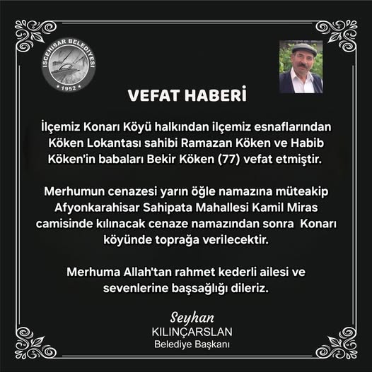 İscehisar'dan Üzücü Vefat Haberi: Köken Lokantası Sahibi Ramazan ve Habib Köken'in Babası Vefat Etti