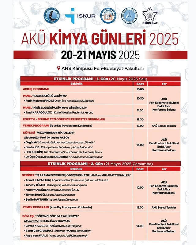 AKÜ Kimya Günleri 2025: Alanında Uzman Konuşmacılarla Kimya Dünyasına Yolculuk Başlıyor