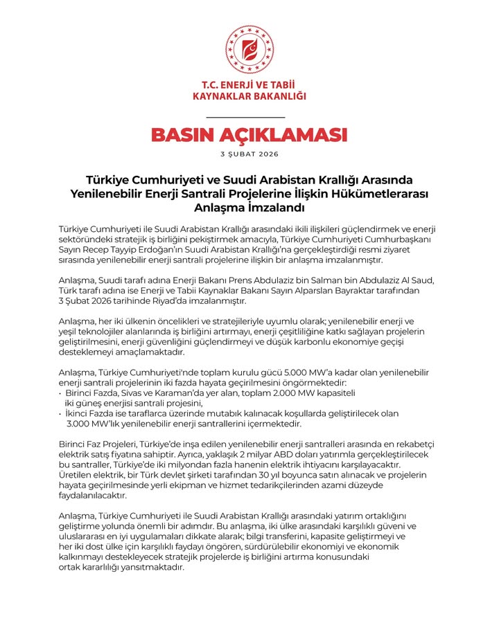 T.C. Enerji Bakanlığı'ndan Suudi Arabistan Krallığı ile Yenilenebilir Enerji Anlaşması