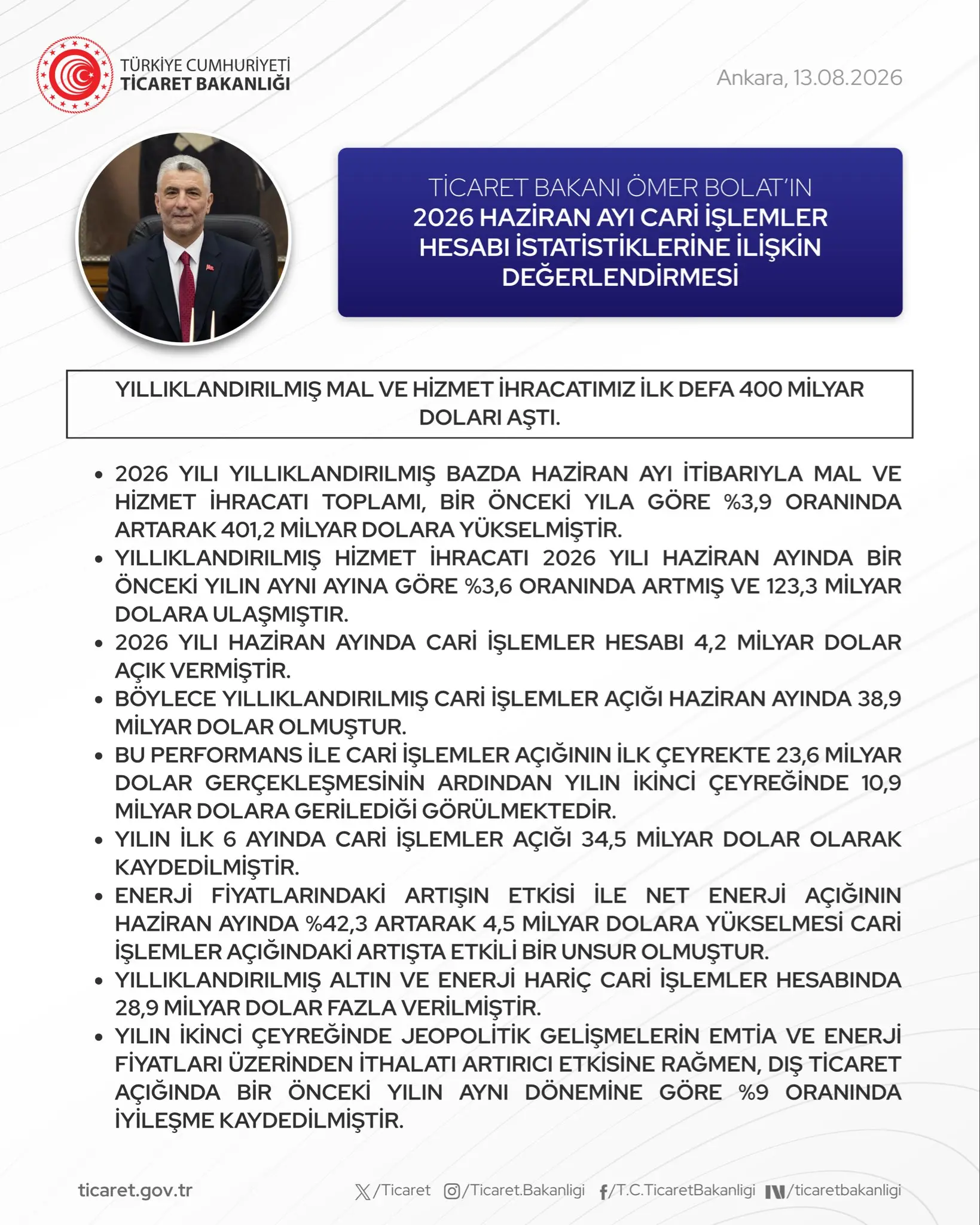 Ticaret Bakanı Bolat, cari denge verilerini değerlendirdi