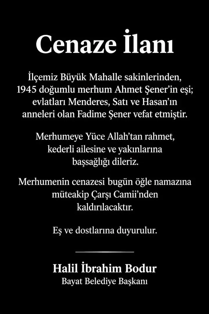 Bayat'ta Fadime Şener'in Cenaze İlanı