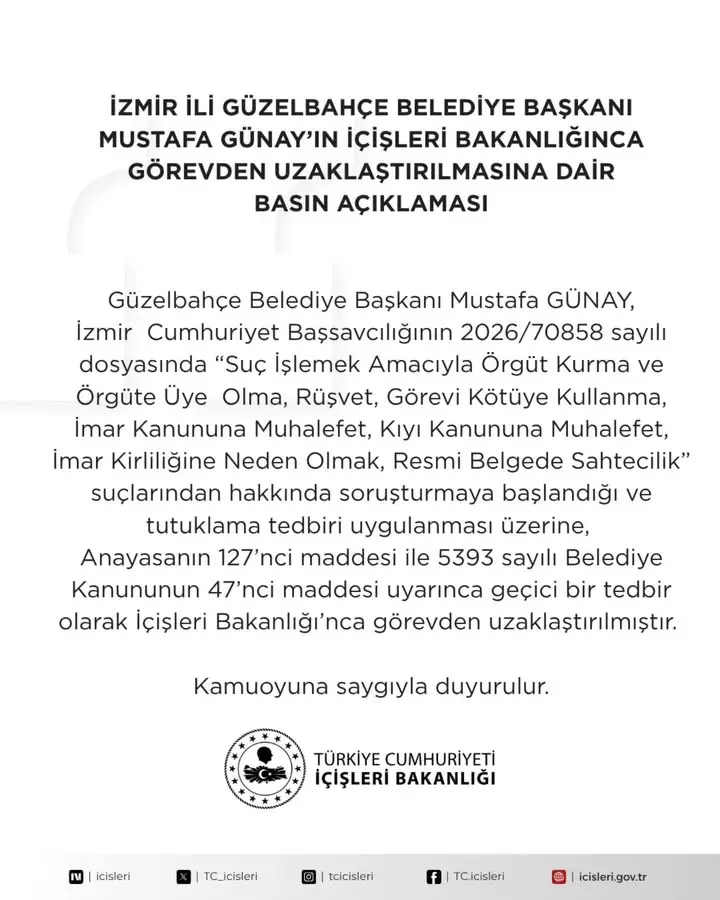 İzmir Güzelbahçe Belediye Başkanı Mustafa Günay'ın İçişleri Bakanlığı Tarafından Görevden Uzaklaştırılması