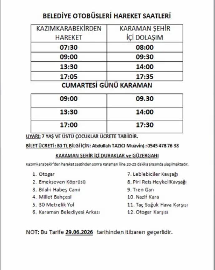 Yeni otobüs tarifesi 29 Haziran'dan itibaren geçerli