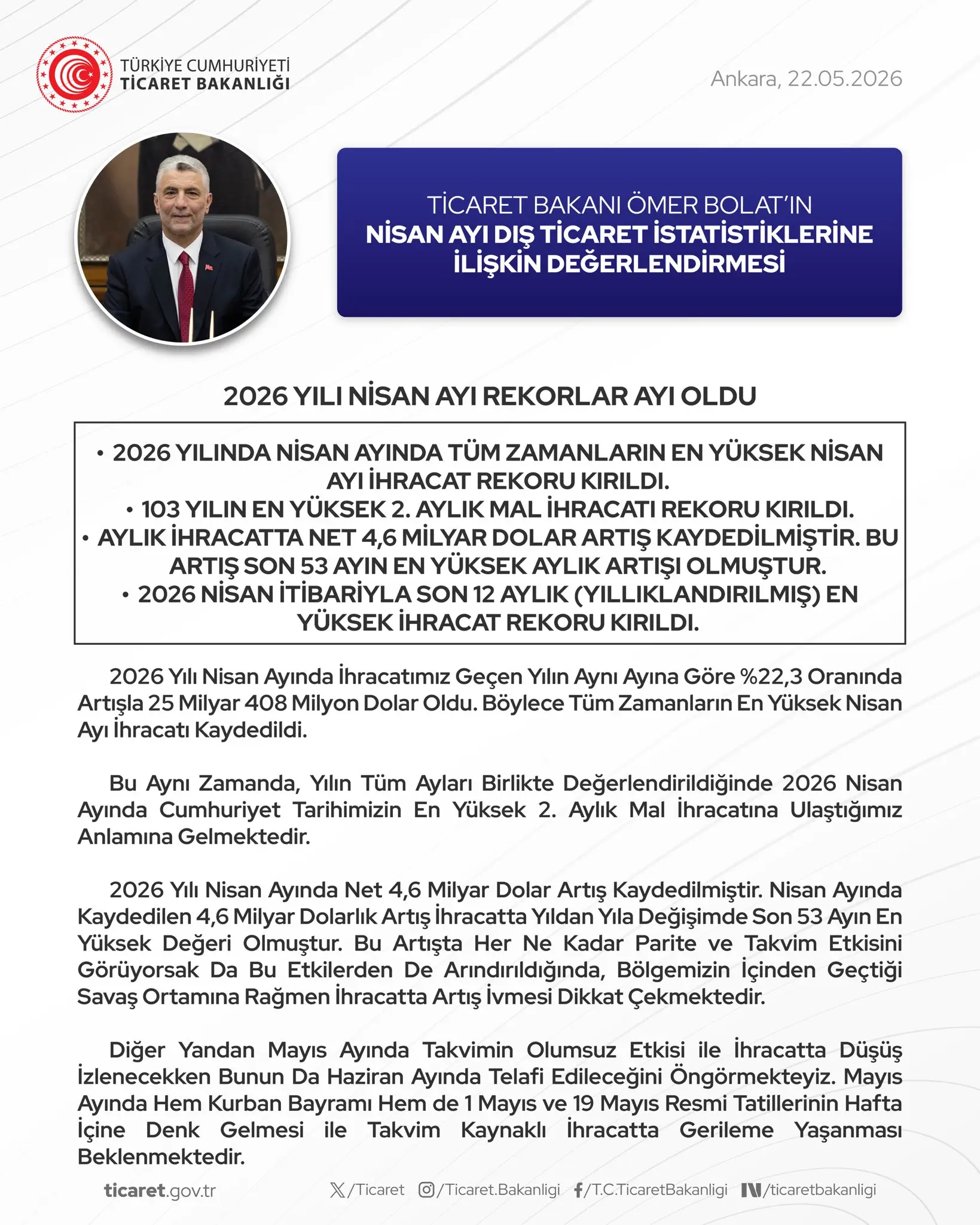 Ticaret Bakanı Bolat, Nisan İthalat İhracat Verilerini Değerlendirdi