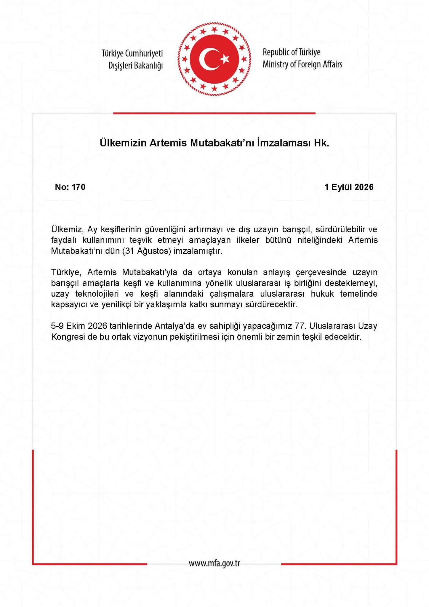 Ülkemiz Artemis Mutabakatı'nı imzaladı