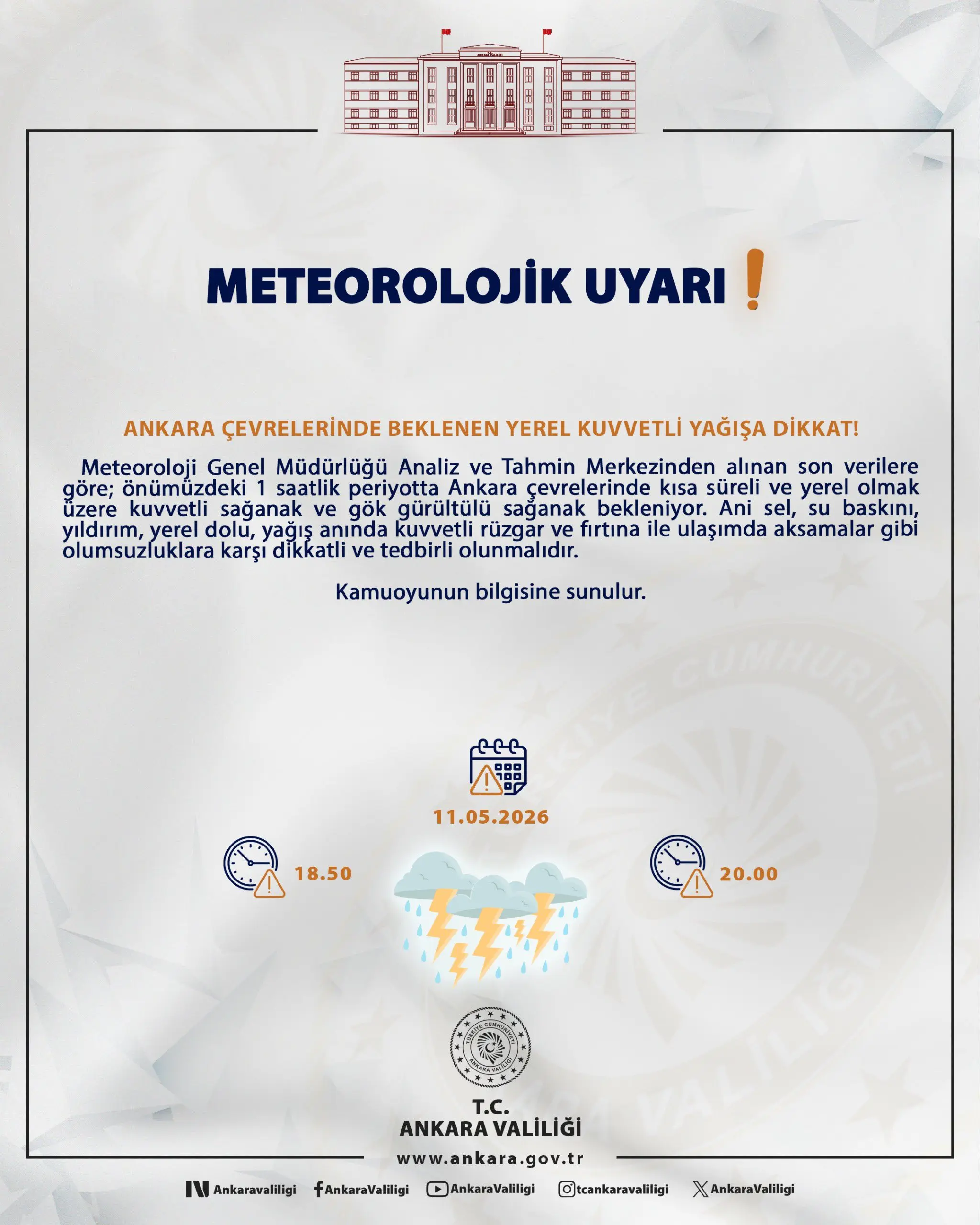 Ankara'da Yerel Şiddetli Yağış Uyarısı