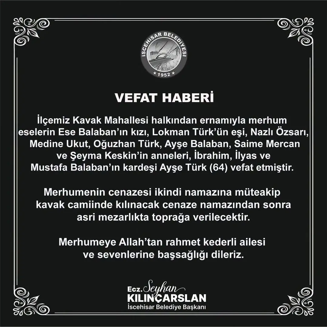 İscehisar'da Bir Vefat Haberi