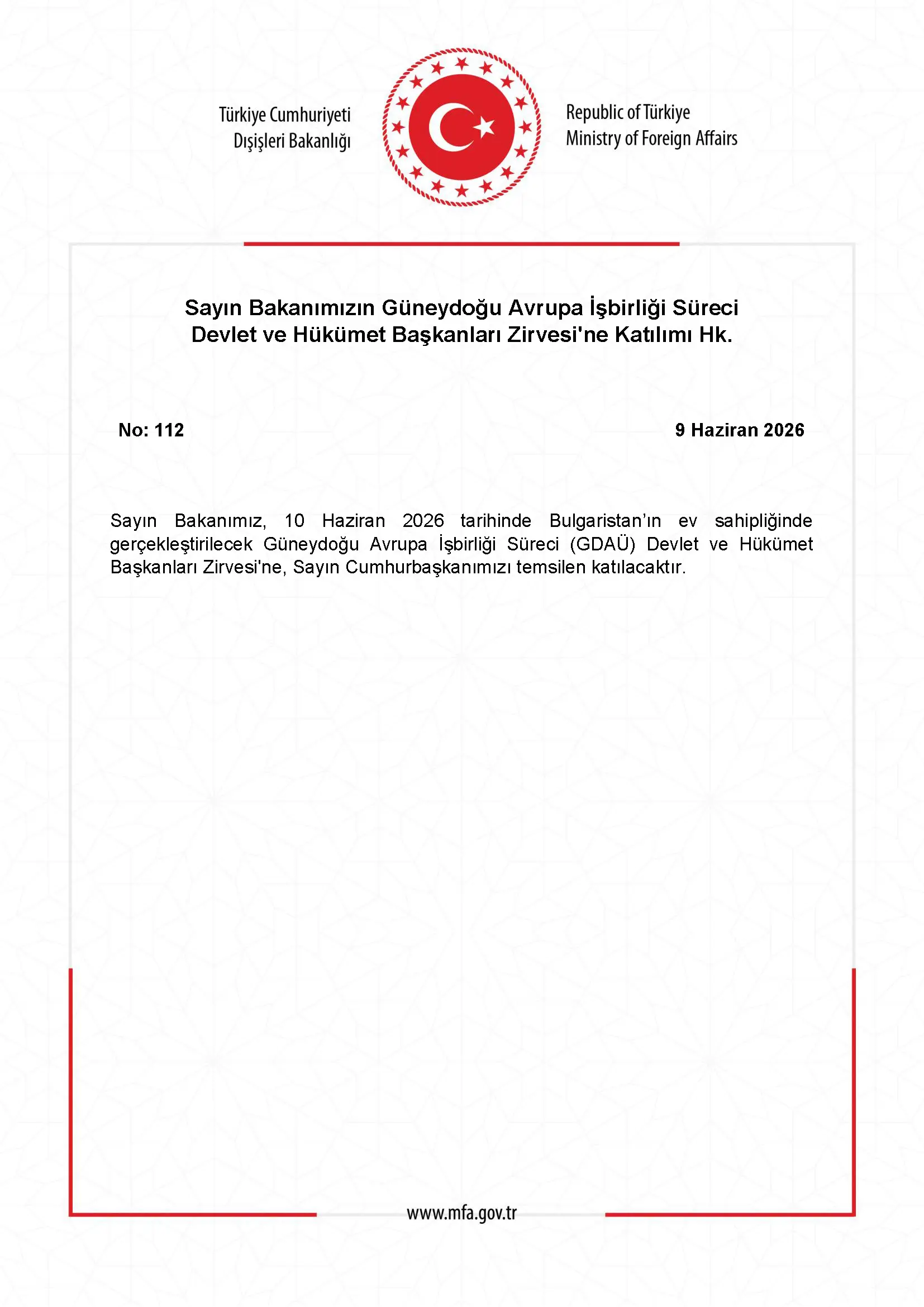 Bakanın Güneydoğu Avrupa Zirvesi'ne Katılımı