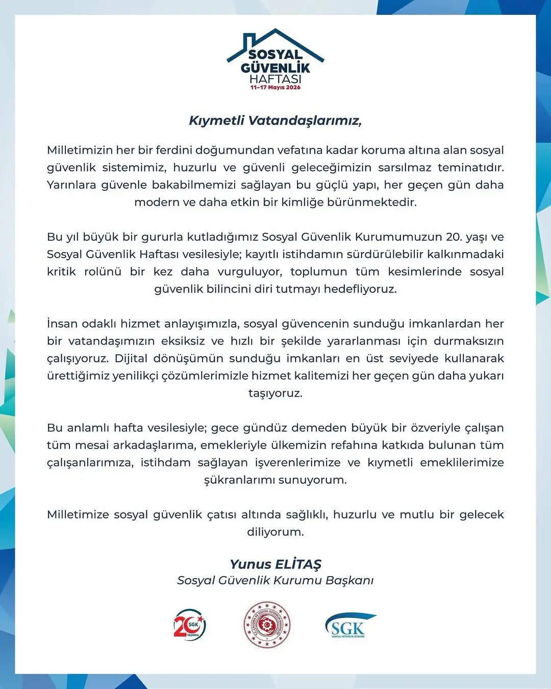 Sosyal Güvenlik Haftası Mesajı - SGK Başkanı Yunus Elitaş'tan