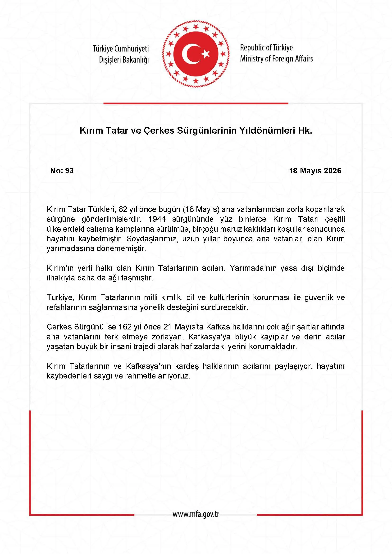 Kırım Tatar ve Çerkes Sürgünleri Anıldı