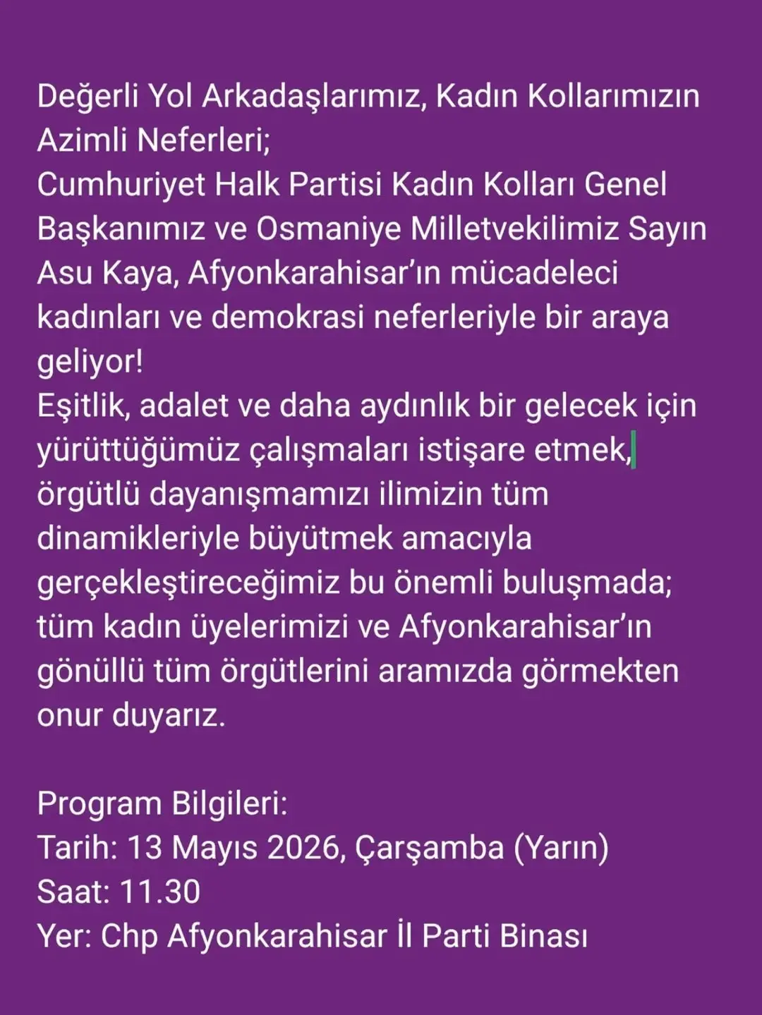 CHP Afyonkarahisar İl Kadın Kolları Başkanlığı'ndan Önemli Buluşma Duyurusu