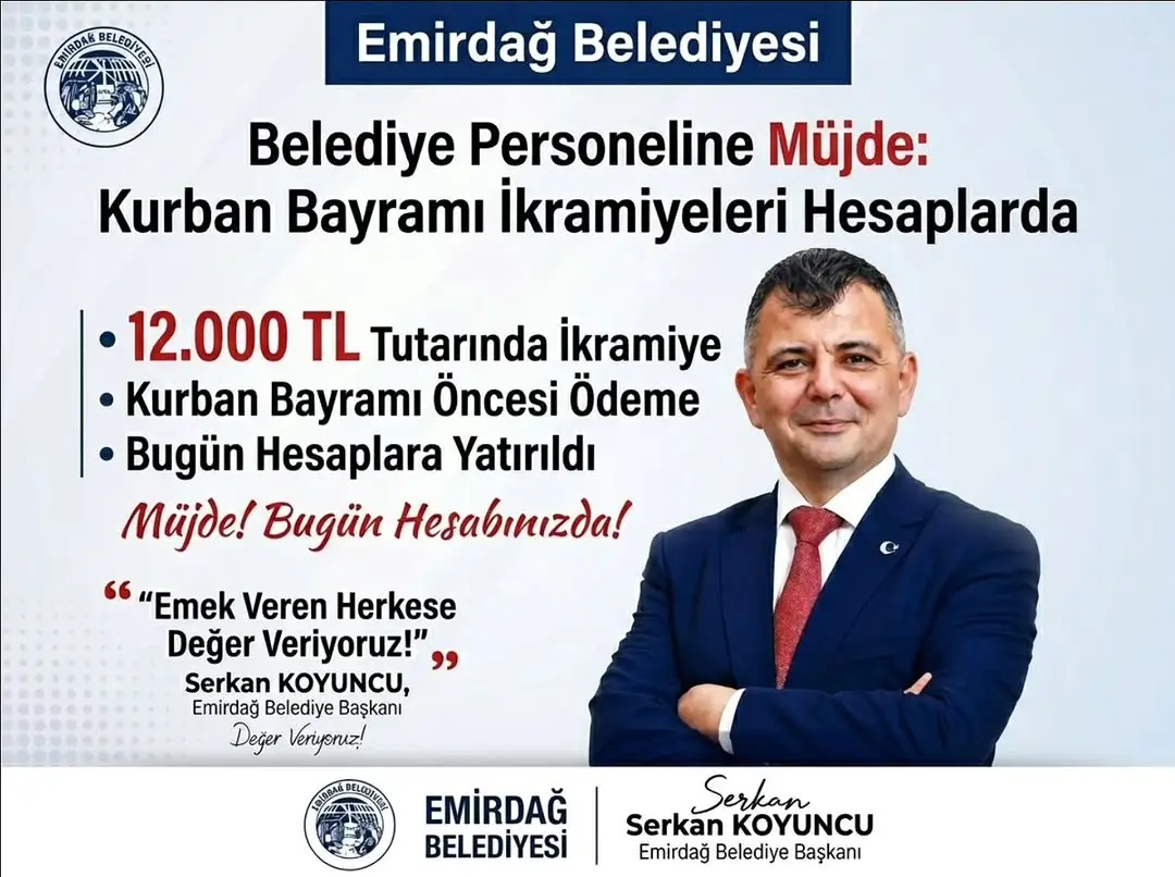 Emirdağ Belediye Başkanı Serkan Koyuncu'nun İşçilere Bayram İkramiyesi Müjdesi