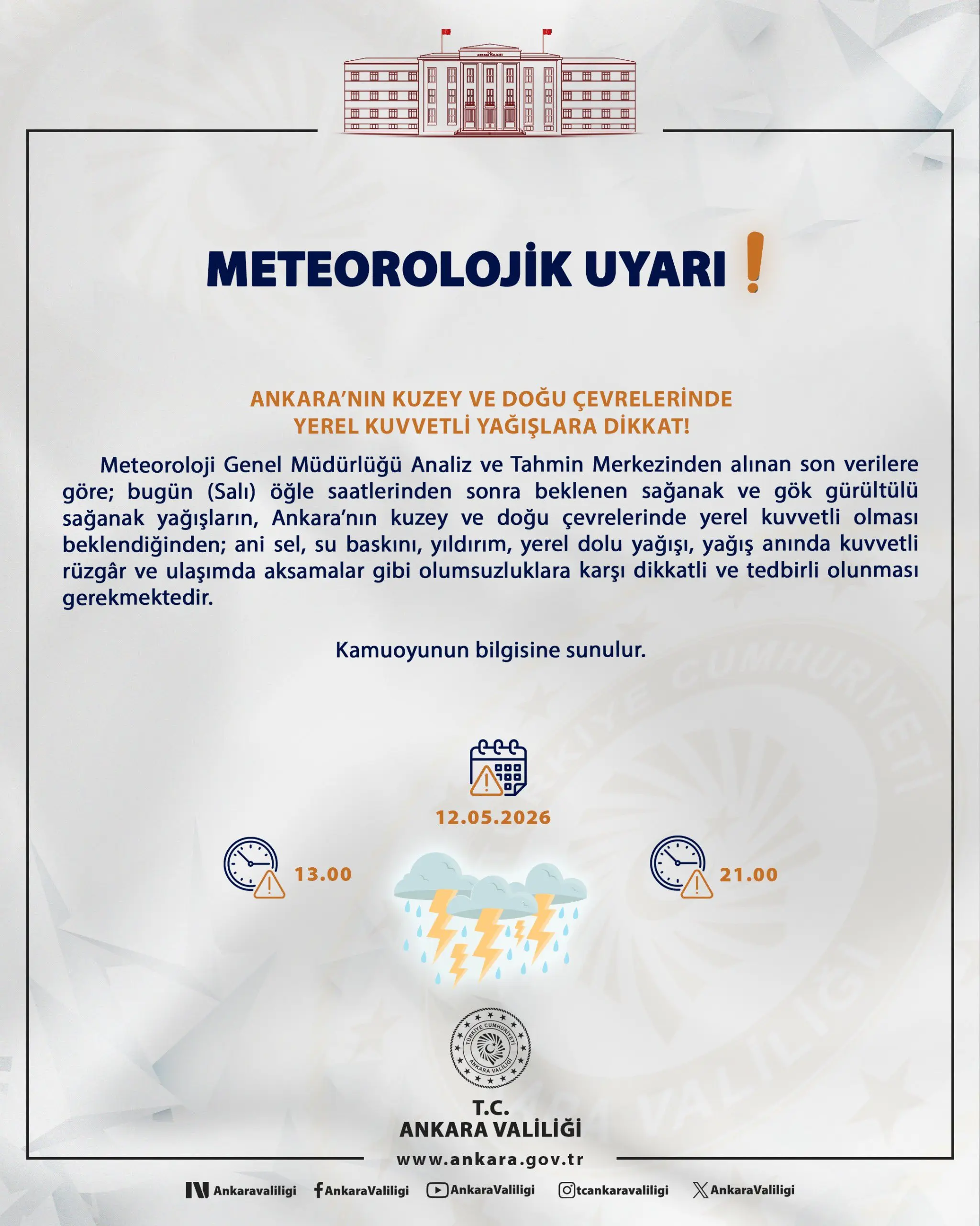 Ankara'nın Kuzey ve Doğu Bölgelerinde Aşırı Yağış Uyarısı