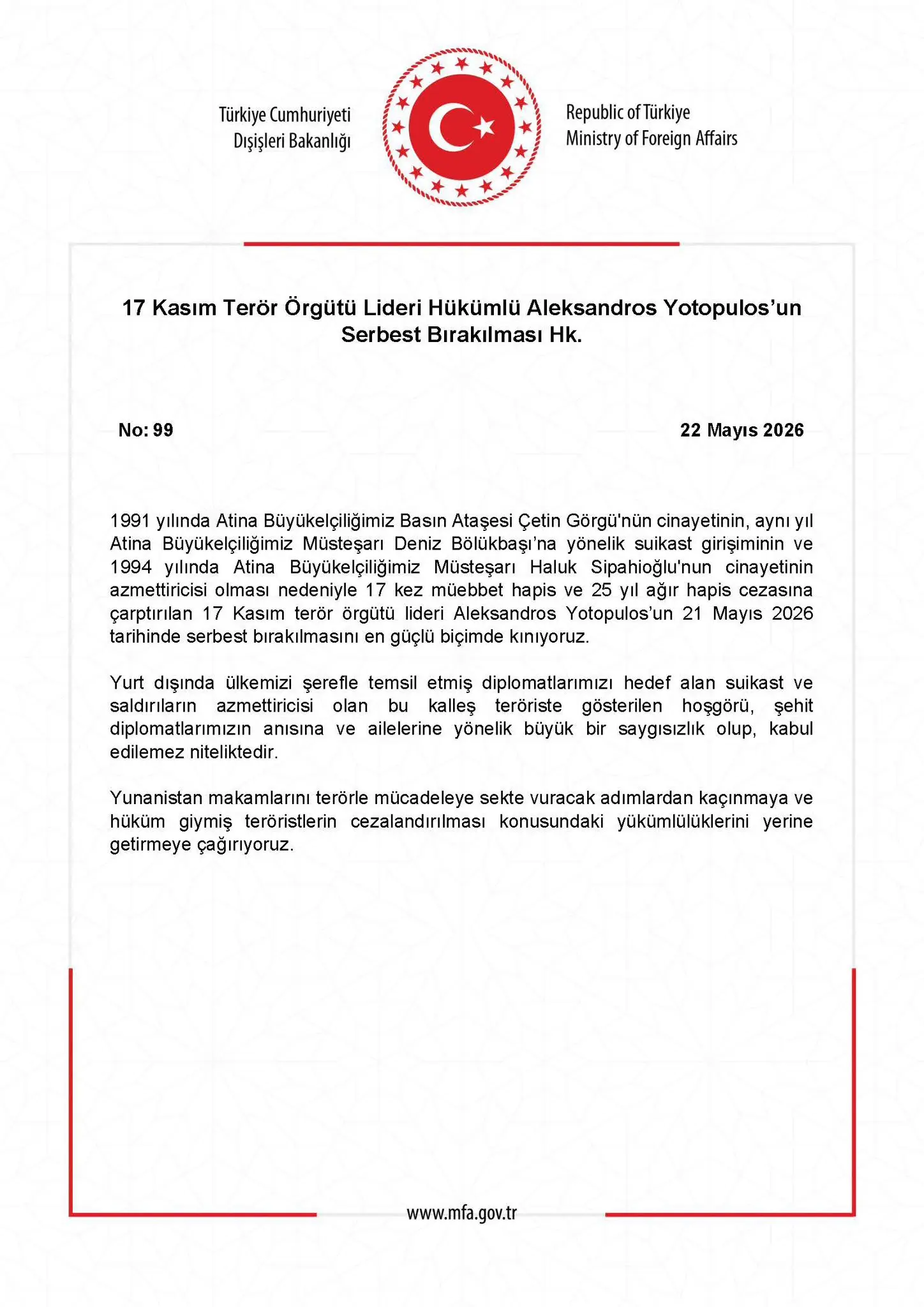 Aleksandros Yotopoulos'un serbest bırakılması hakkında açıklama
