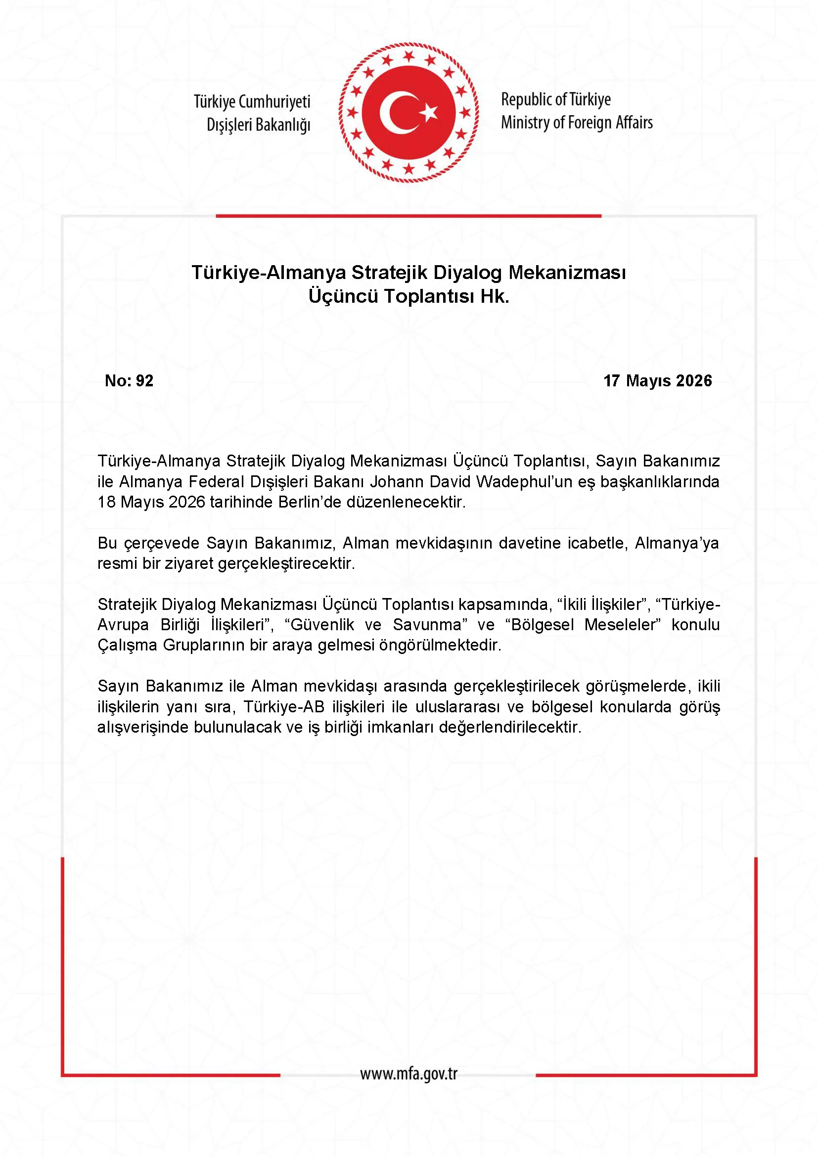 Türkiye-Almanya Stratejik Diyalog Mekanizması Üçüncü Toplantısı
