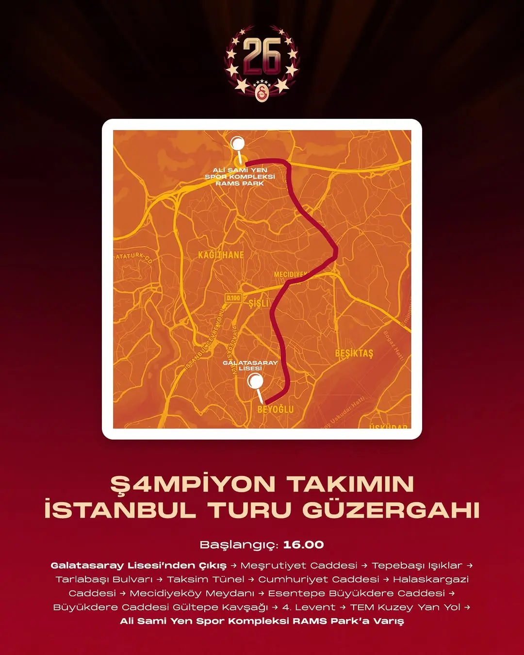Galatasaray Şampiyon Takımının İstanbul Turu Güzergahı Açıklandı