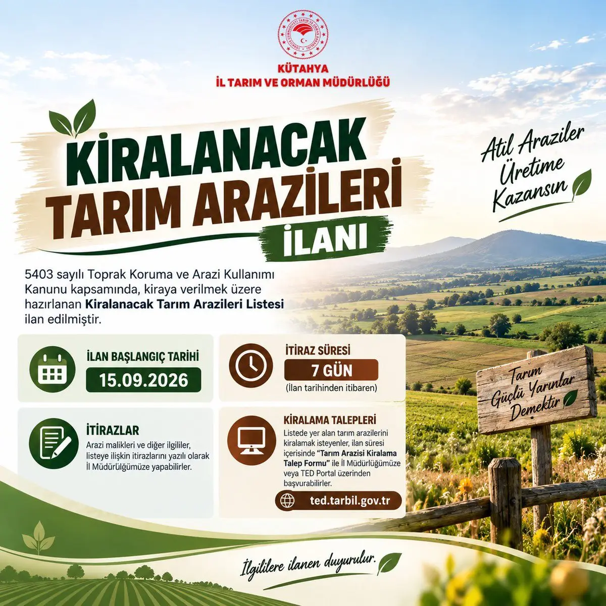 Kütahya'da Kiralanacak Tarım Arazileri İlanı