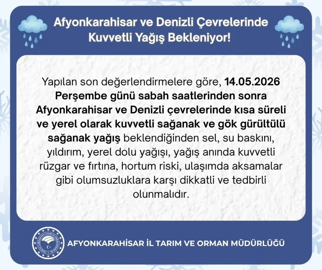 Afyonkarahisar ve Denizli Çevresinde Kuvvetli Yağış Bekleniyor