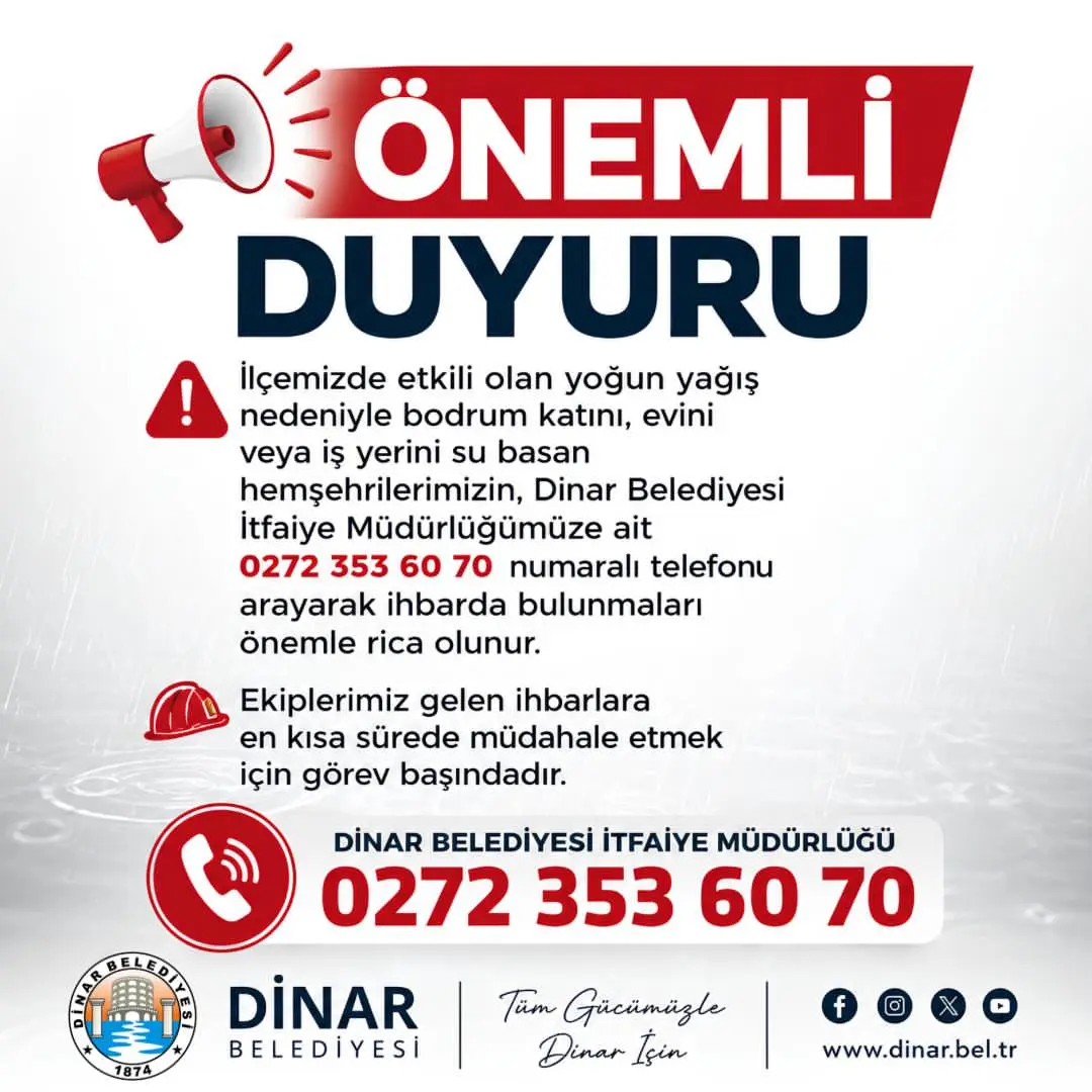 Dinar'da Yoğun Yağış Uyarısı