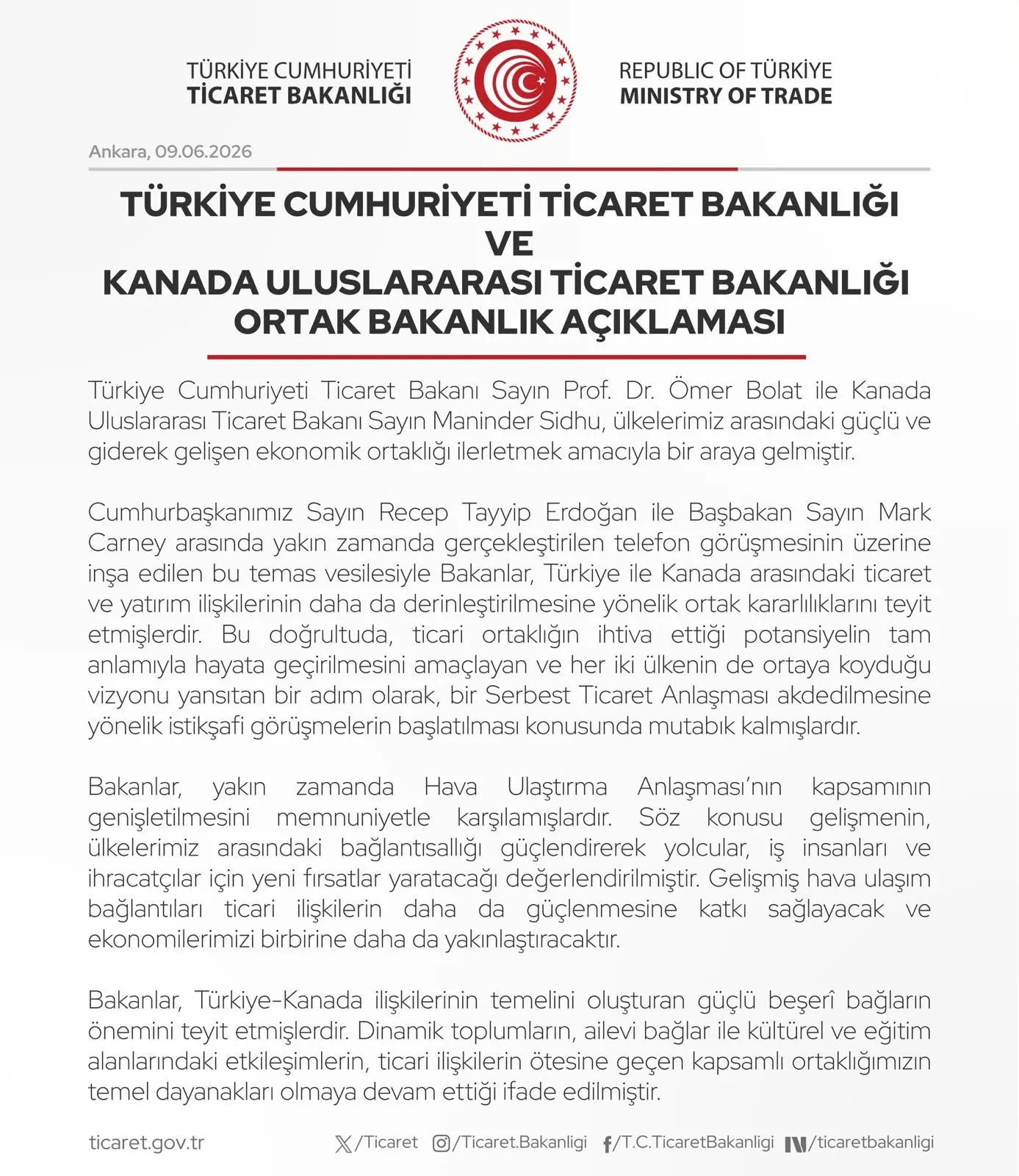 Türkiye ve Kanada'dan ortak bakanlık açıklaması