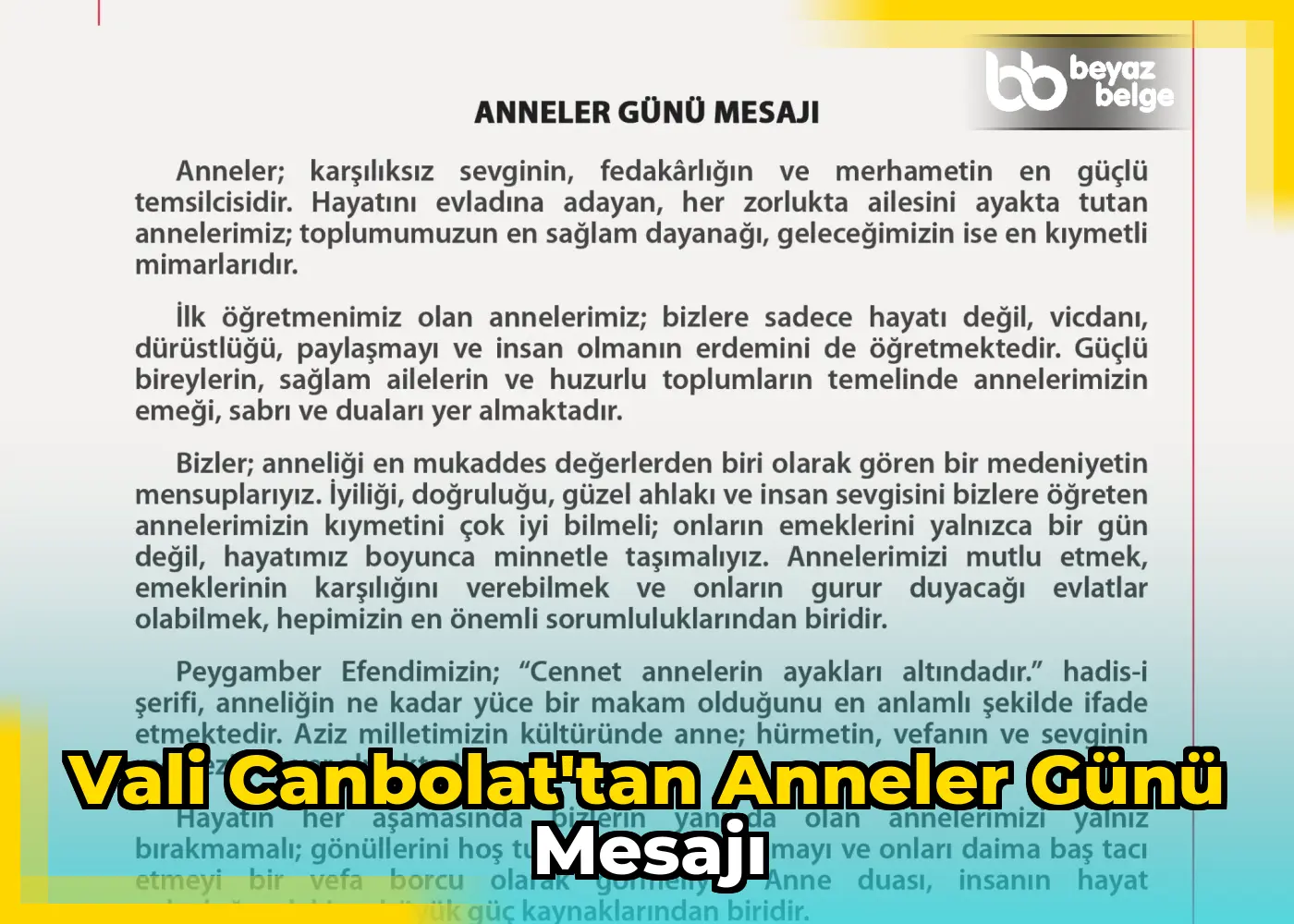 Vali Canbolat'tan Anneler Günü Mesajı