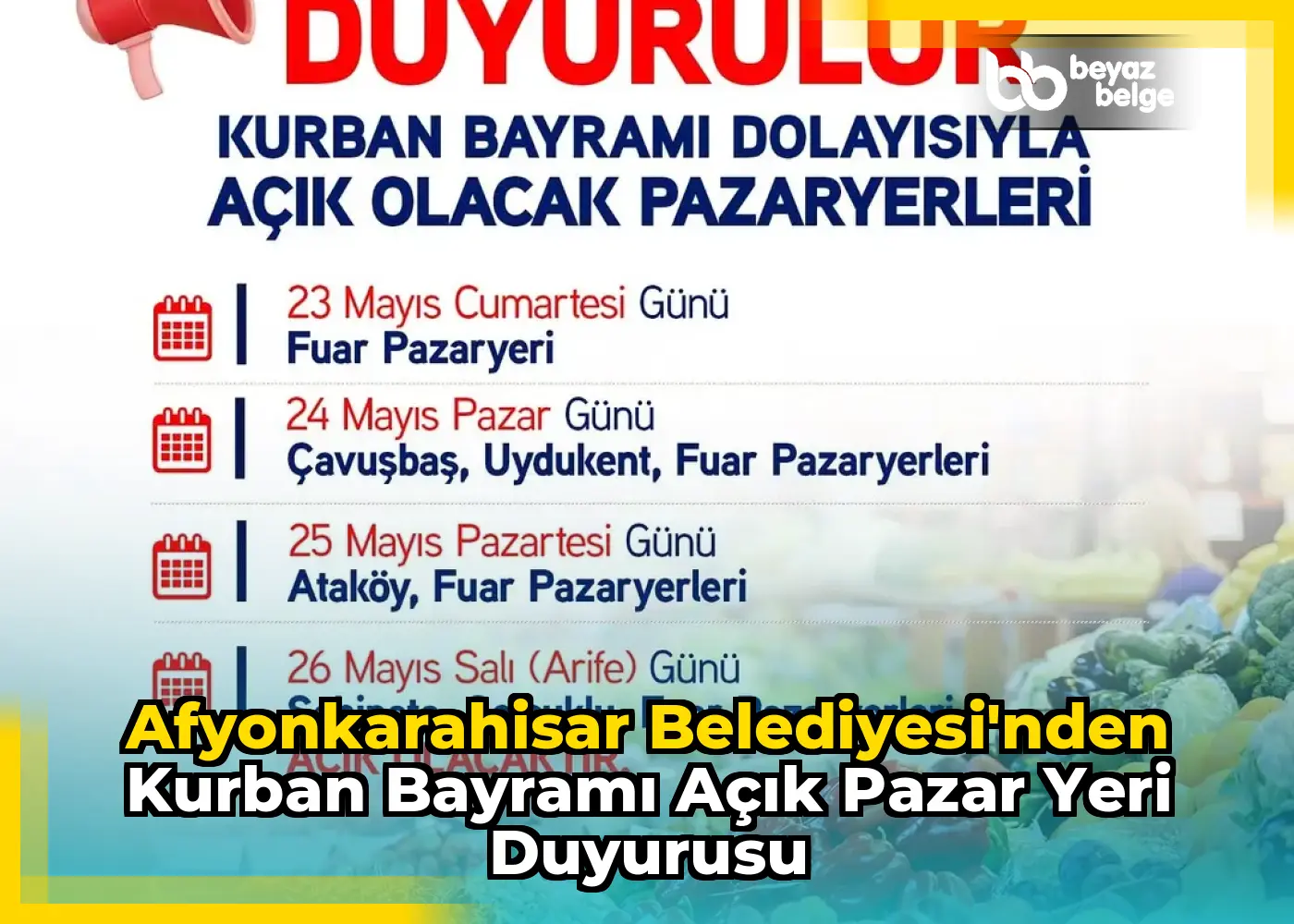 Afyonkarahisar Belediyesi'nden Kurban Bayramı Açık Pazar Yeri Duyurusu