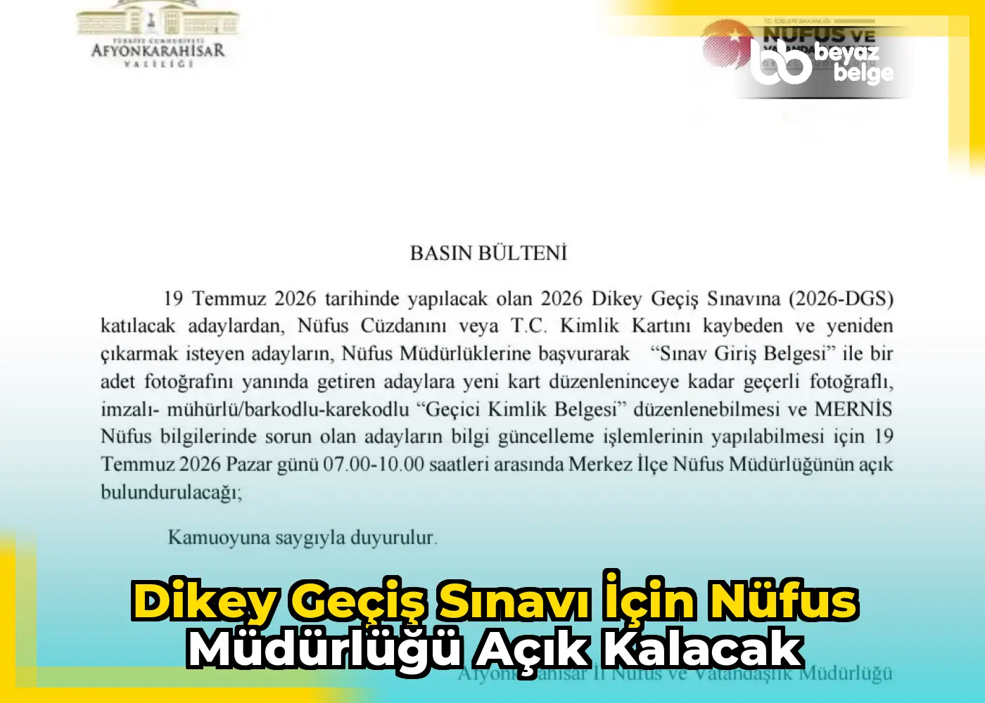 Dikey Geçiş Sınavı için Nüfus Müdürlüğü Açık Kalacak