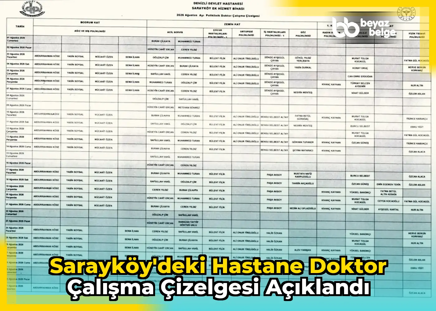 Sarayköy'deki Hastane Doktor Çalışma Çizelgesi Açıklandı