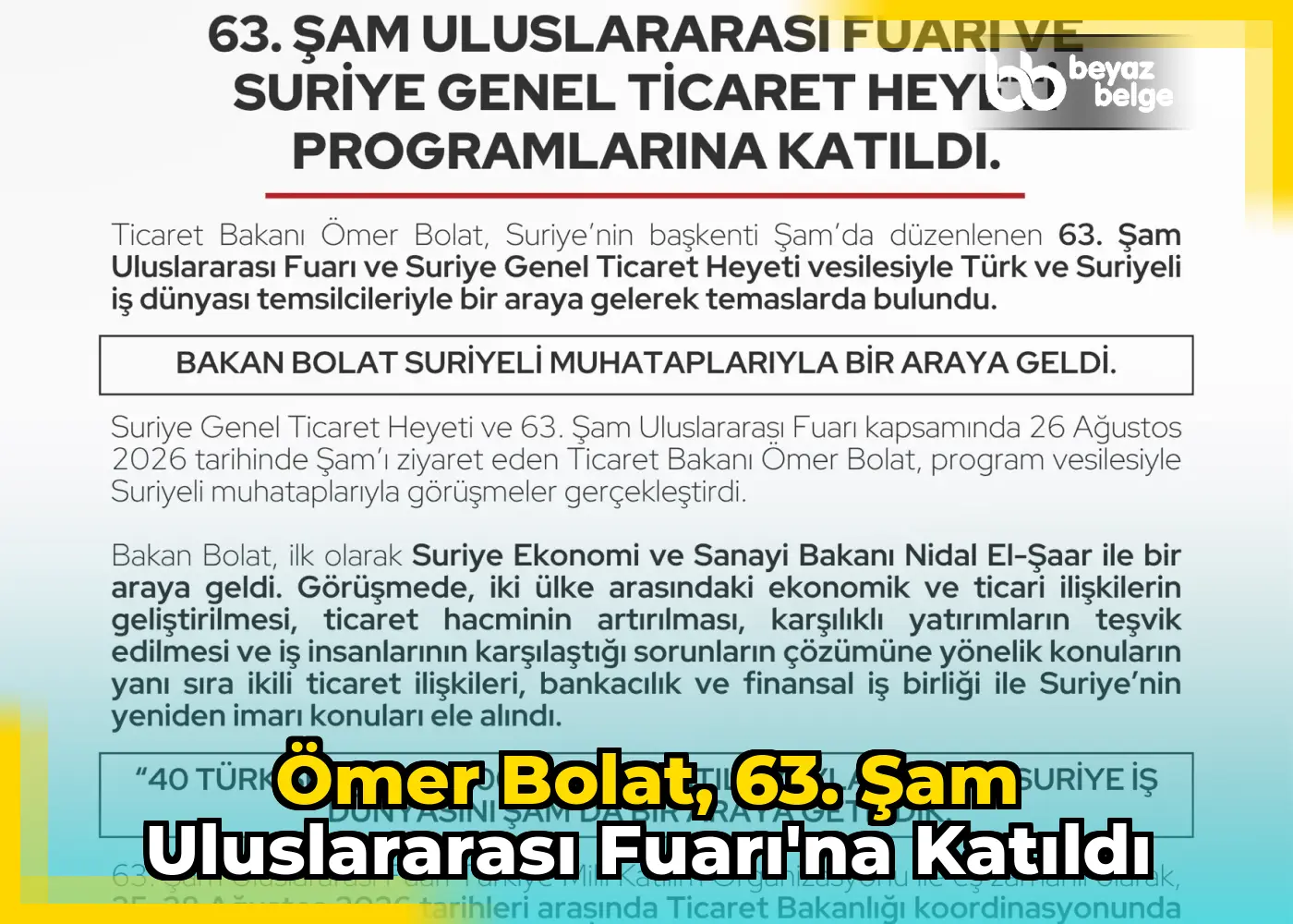 Ömer Bolat, 63. Şam Uluslararası Fuarı'na katıldı