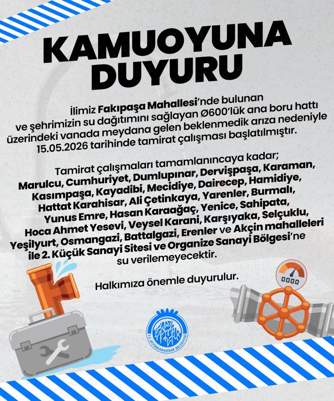 Afyonkarahisar'da Ana Su Boru Hattında Arıza