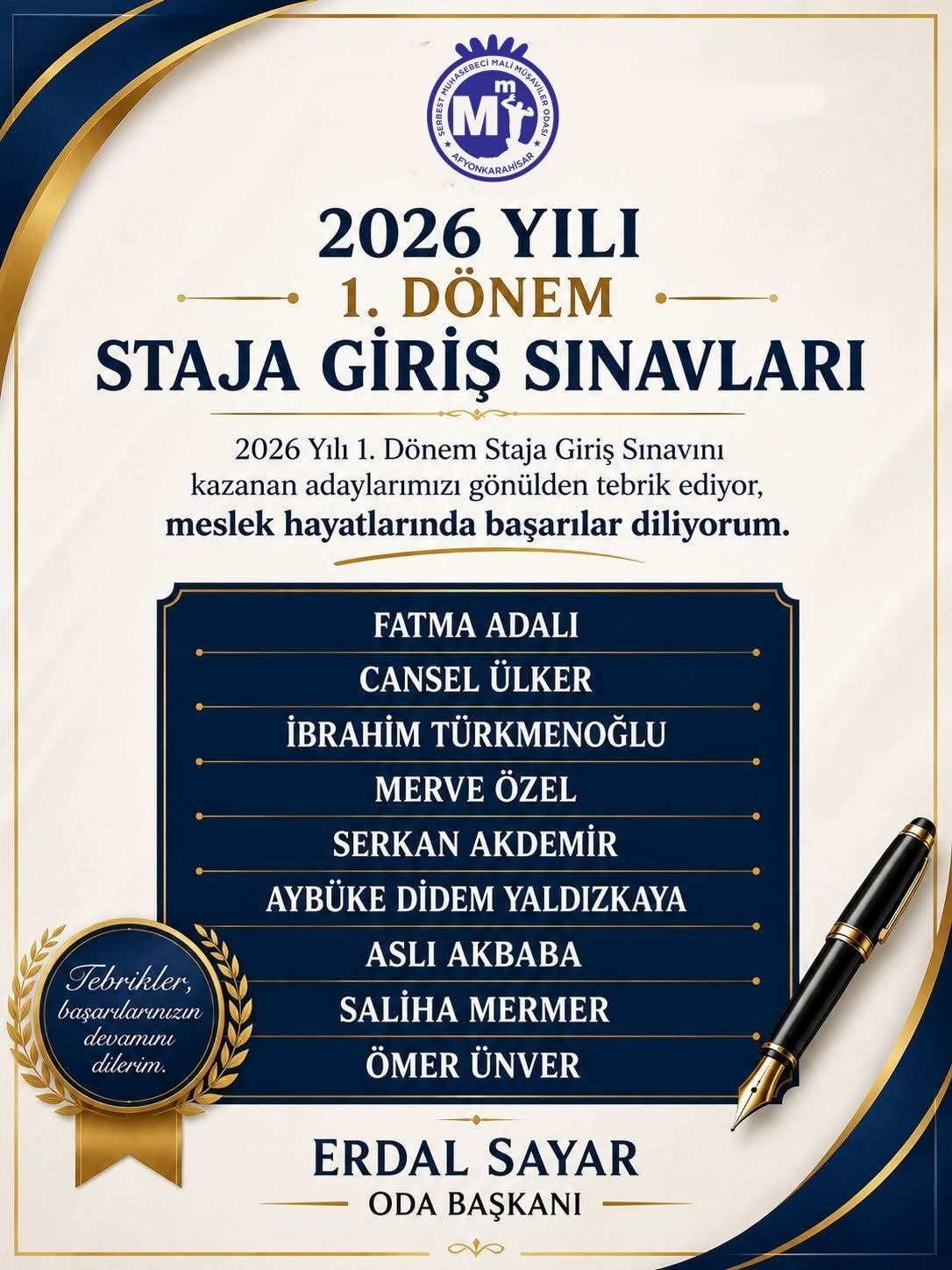 Afyonkarahisar Oda Başkanı Staja Giriş Sınavı Kazananları Tebrik Etti