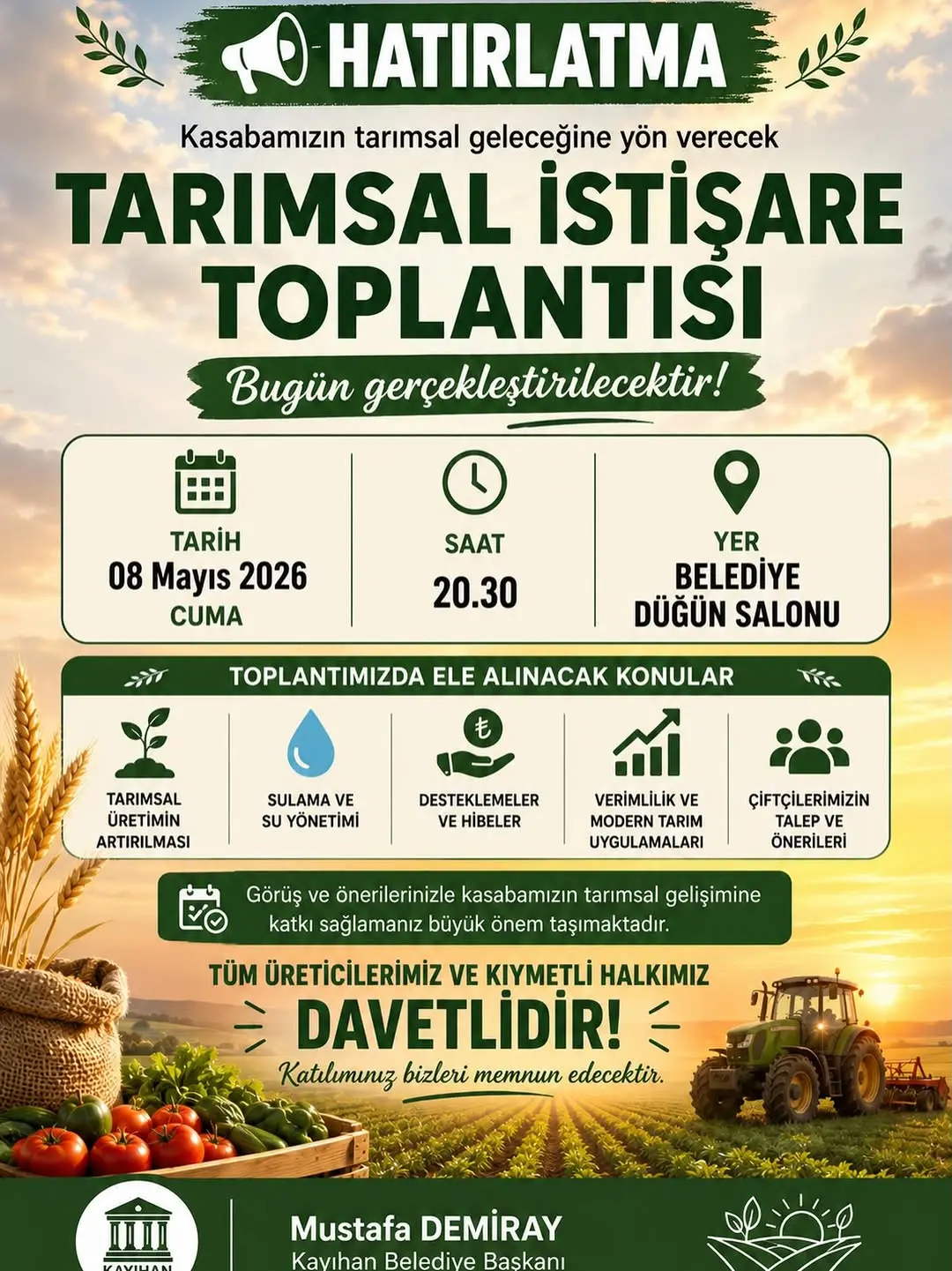 Kay?han Belediye Ba?kan? Mustafa Demiray Tar?msal ?sti?are Toplant?s? Düzenliyor